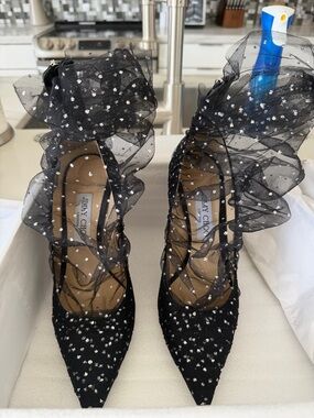 Jimmy Choo Black Crystal-Embellished Pointed Ruffle Ankle Tie Pumps